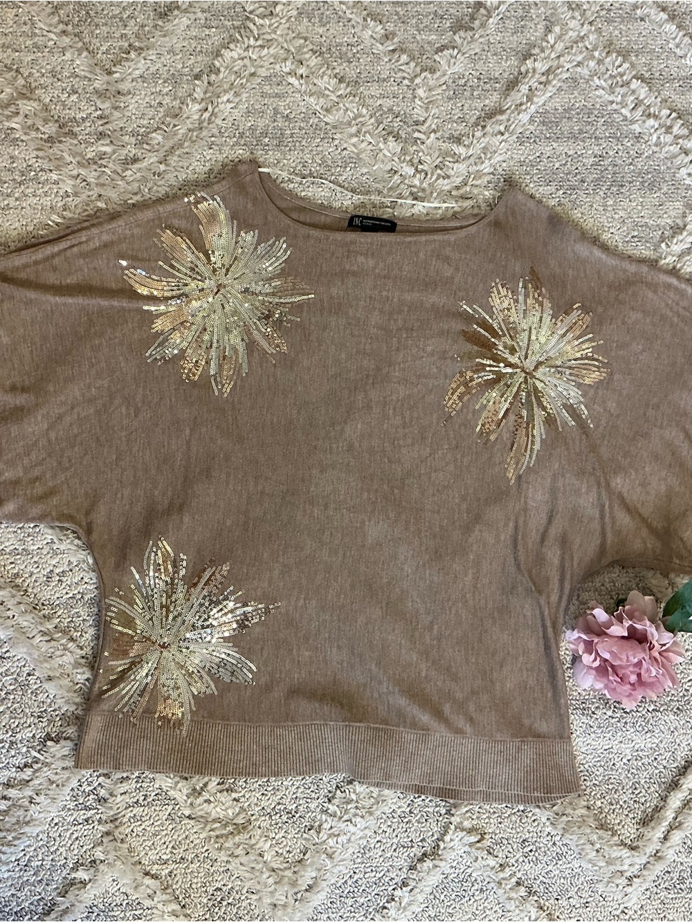 INC International Concepts Taupe Sequin Floral Top